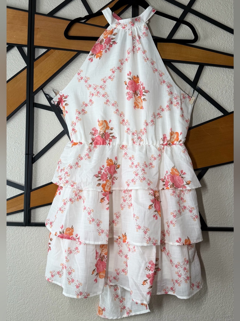 Blush NWT White Halter Tiered Mini Dress with Pink and Orange Floral Print
